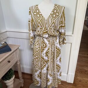 Tanoa Womens Mustard Yellow White Geometric Tribal Print Smocked Midi Dress M